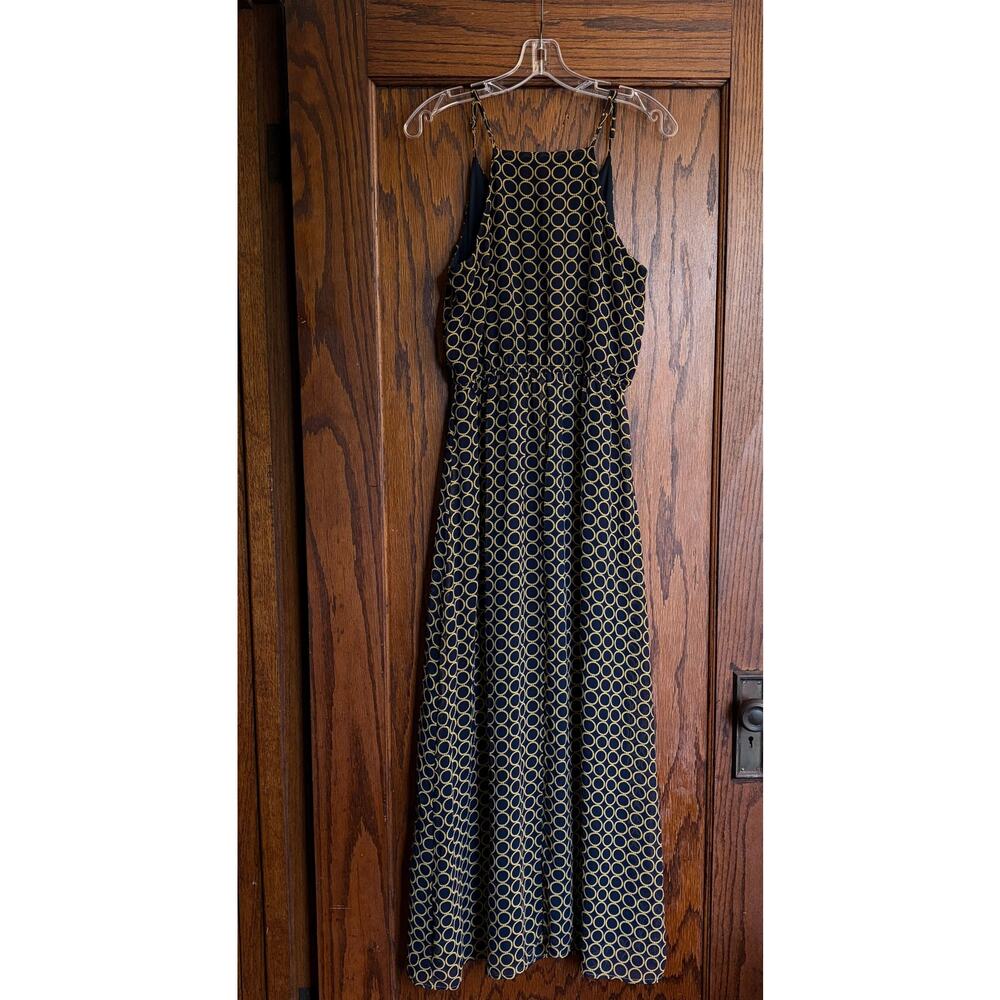 Banana Republic Maxi Dress Size 8 Navy Gold Geometric Circle Pearls Brunch Class - Picture 2 of 10